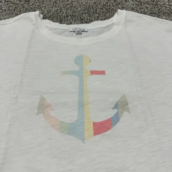 New with tags, VENUS White Cropped Anchor Short Sleeve Shirt Top, Size XL - Picture 4 of 9